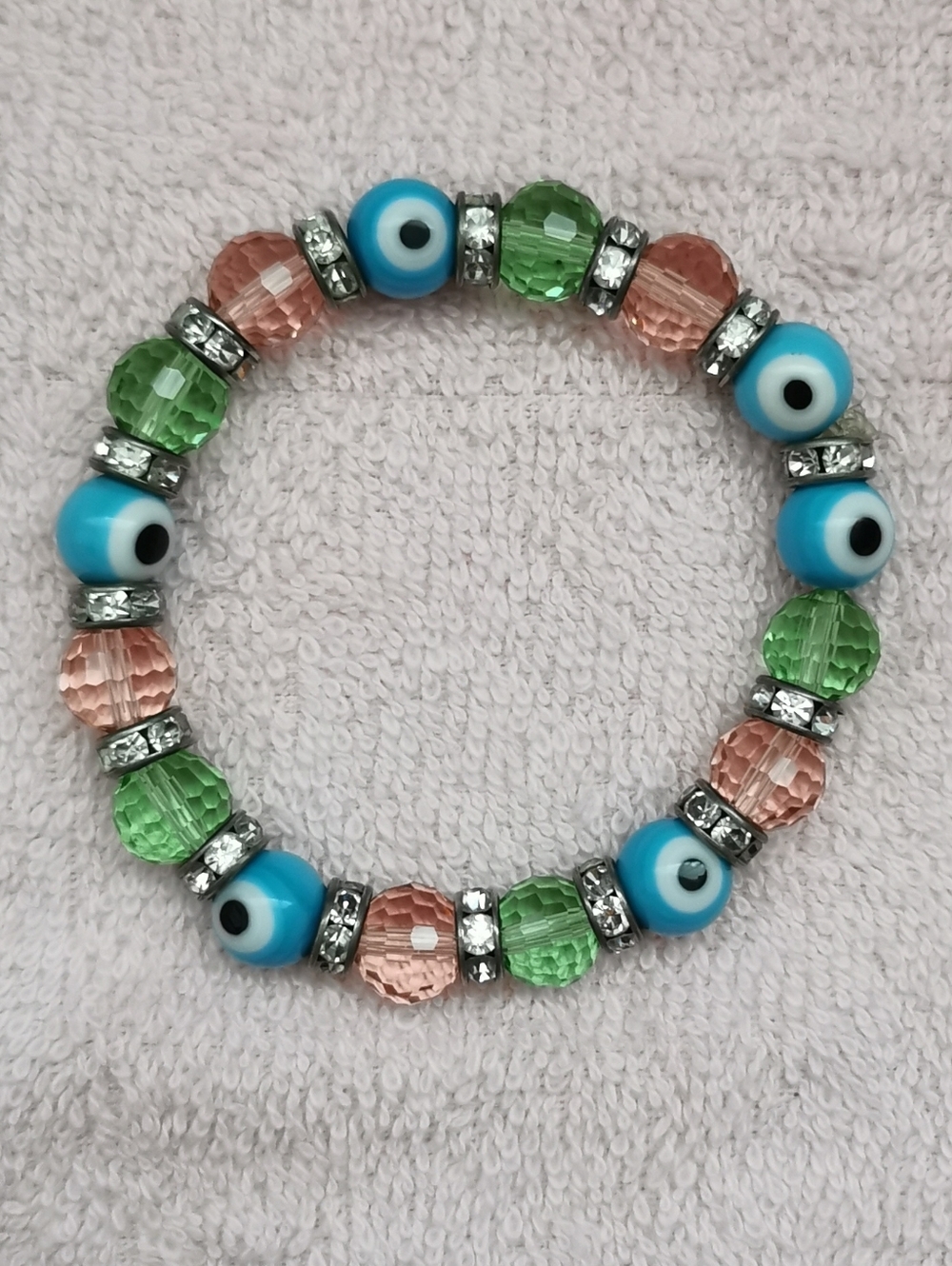 Evil Eye Beaded Stretch Bracelet in Blue, Green & Peach
